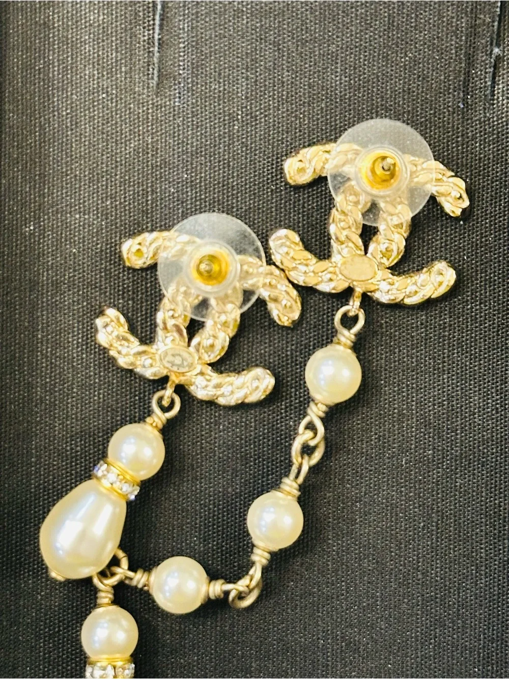 CHANEL Gold-Tone Pearl Drop Asymmetric CC Logo Earrings